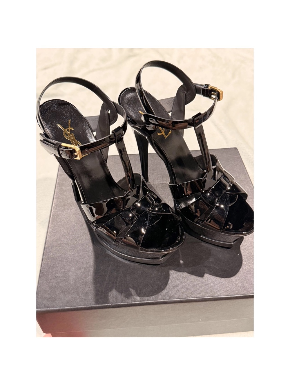 Saint Laurent Black Patent Leather T-Strap Platform Heels